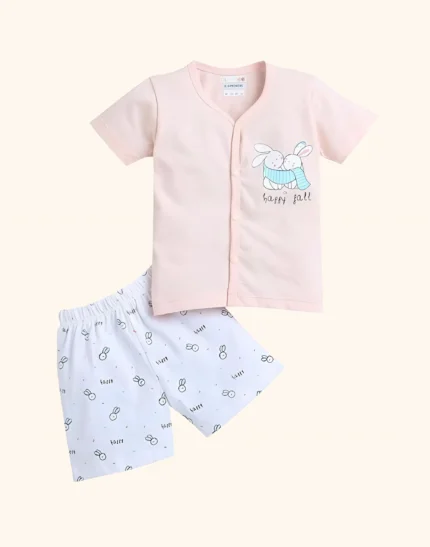 indilittle Peach & White Baby Boys Half Sleeves Jabla & Short Set
