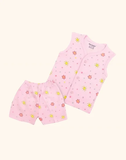 indilittle Cotton Printed Sleeveless Front Open Button Jabla & Shorts Set-Pink