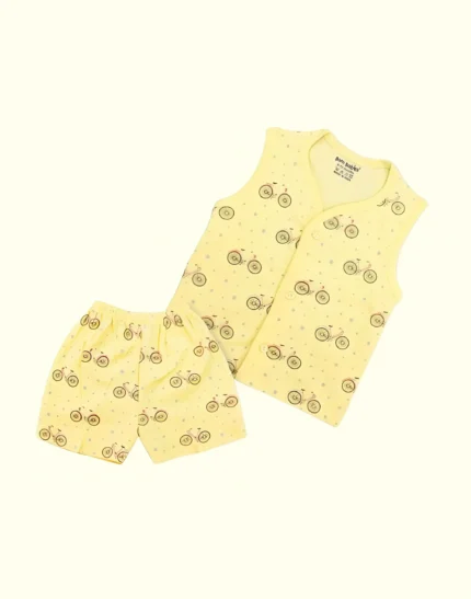 indilittle  cotton Printed Sleeveless Front Open Button Jabla & Shorts Set-Yellow