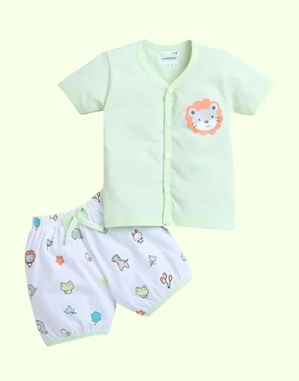 Green & White Baby Boys Half Sleeves Jabla & Short Set