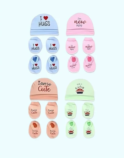Newborn Baby Caps, Mittens and Booties Combo Set for 0-6 Months Baby | Baby Gloves and Socks Set |